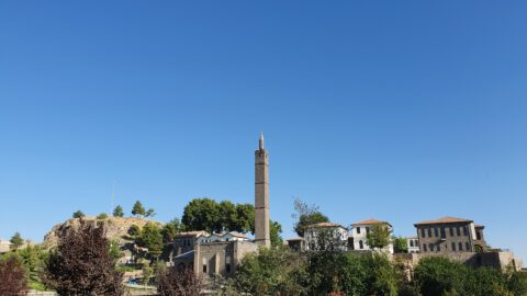 Inner Castle of Amed / Diyarbaki: cluster of historic buildings on an elavation. Buildings are made from black basalt stone, sometimes contrasted with white plastered walls, white mortar, or layers of yellow limestone. Red/orange gable roofs. In the center, a towering black, square minaret with a pointy top. A green grassfield lies before the elavated buildings, but is somewhat obscured by trees of various colors in the foreground. Clear blue skies.